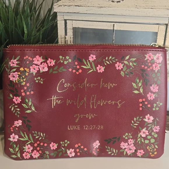 Bible Verse Floral Burgundy Zip Pouch – "Consider how the wild flowers grow" - Picture 1 of 3